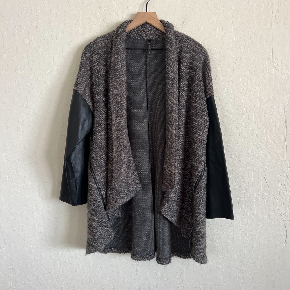 IC by Connie K Long Open Front Marled Knit Faux Leather Sleeve Cardigan XL Gray
